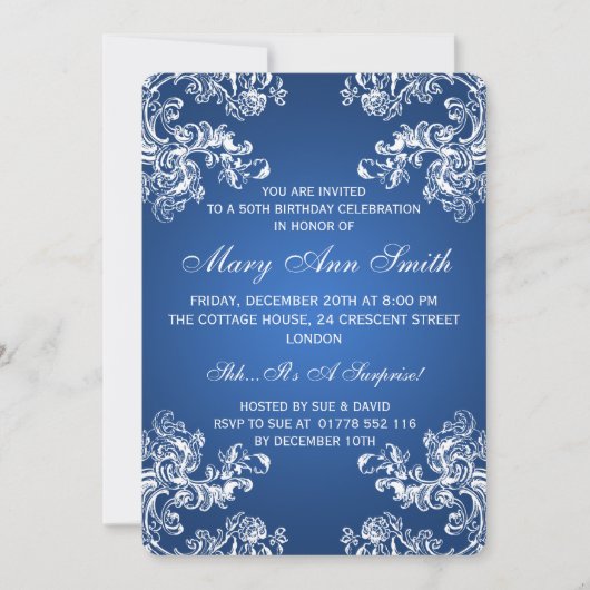 Elegant 50th Birthday Party  Swirls 2 Blue Kaart (Voorkant)