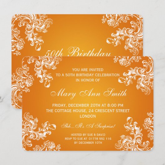 Elegant 50th Birthday Party  Swirls 2 Orang Kaart (Voorkant / Achterkant)