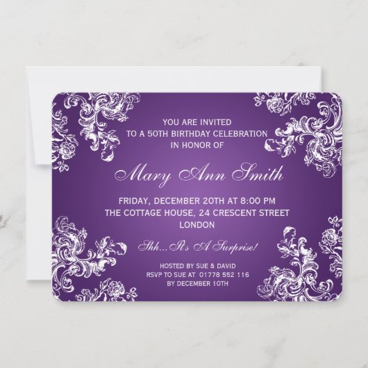 Elegant 50th Birthday Party Swirls 2 Purpl Kaart (Voorkant)