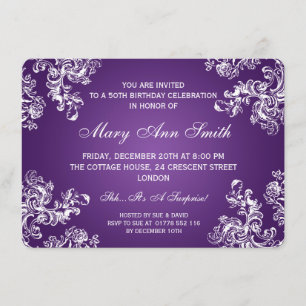 Elegant 50th Birthday Party  Swirls 2 Purpl Kaart