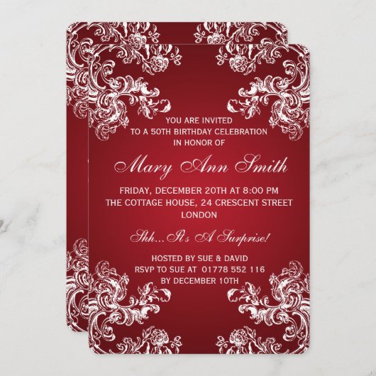 Elegant 50th Birthday Party Swirls 2 Red Kaart (Voorkant / Achterkant)
