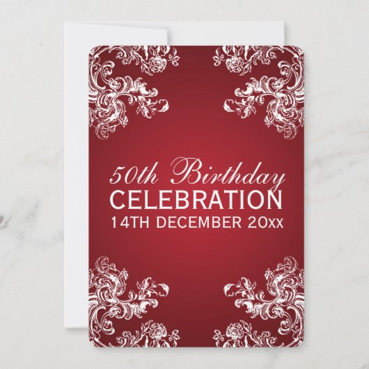 Elegant 50th Birthday Party Swirls 2 Red Kaart (Achterkant)