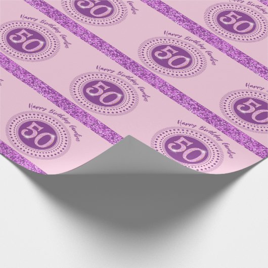 Elegant 50th Birthday Pink Glitter with Stripes Cadeaupapier (Hoek)