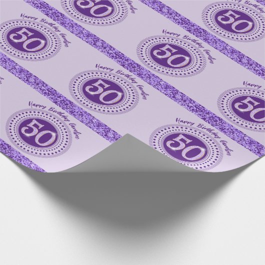 Elegant 50th Birthday Purple Glitter with Stripes Cadeaupapier (Hoek)