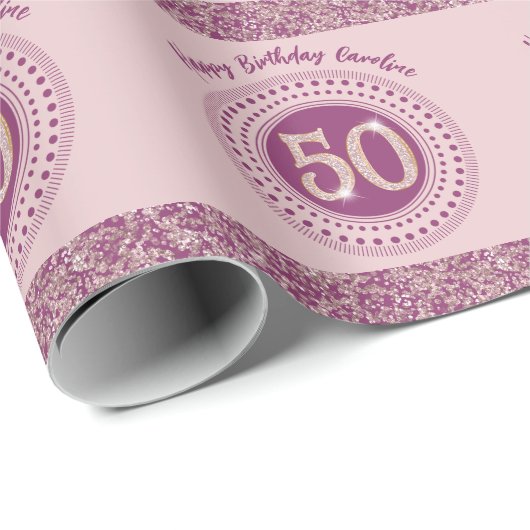 Elegant 50th Birthday Rose Gold Glitter & Stripes Cadeaupapier (Rol Hoek)