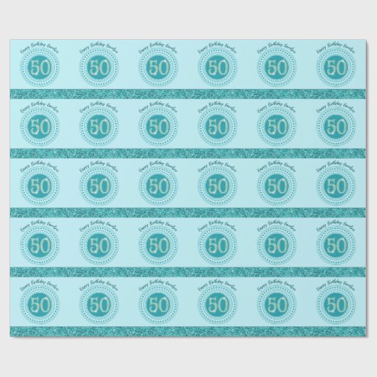 Elegant 50th Birthday Teal Blue Glitter & Stripes Cadeaupapier (Vlak)