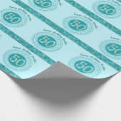 Elegant 50th Birthday Teal Blue Glitter & Stripes Cadeaupapier (Hoek)