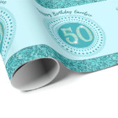Elegant 50th Birthday Teal Blue Glitter & Stripes Cadeaupapier (Rol Hoek)