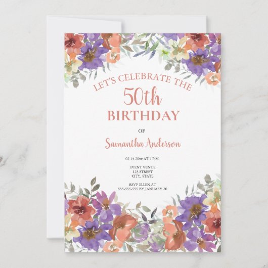 Elegant 50th Birthday Waterverf Floral Kaart (Voorkant)
