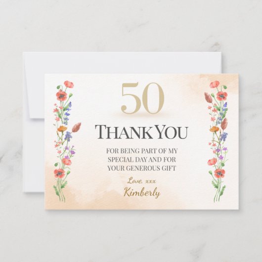 Elegant 50th Birthday – Wildflower Design Bedankkaart (Voorkant)