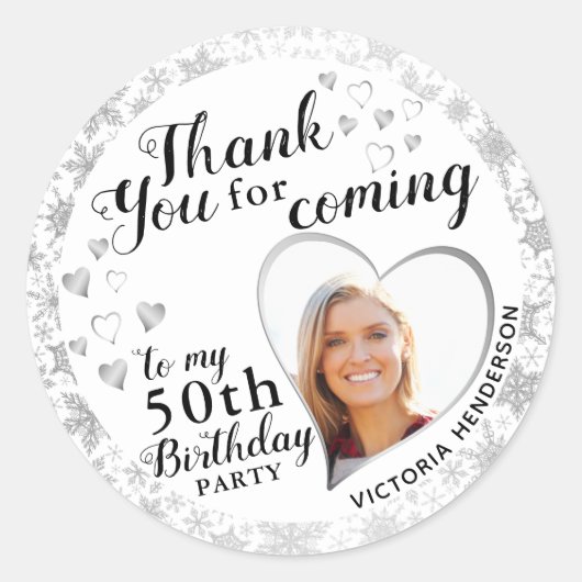 Elegant 50th Birthday Winter Silver Dank u Ronde Sticker (Voorkant)
