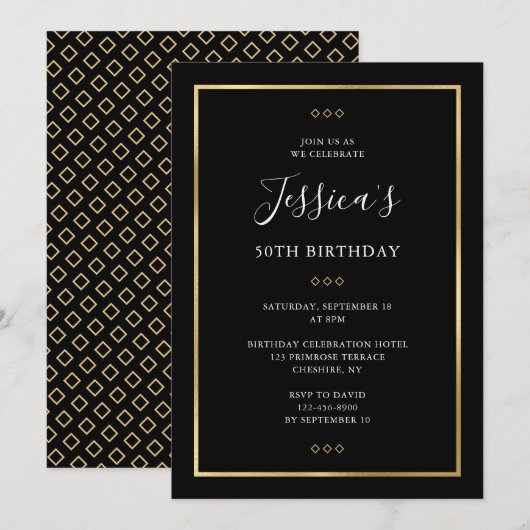 Elegant 50th Black Gold 50th Birthday Party Kaart (Voorkant / Achterkant)