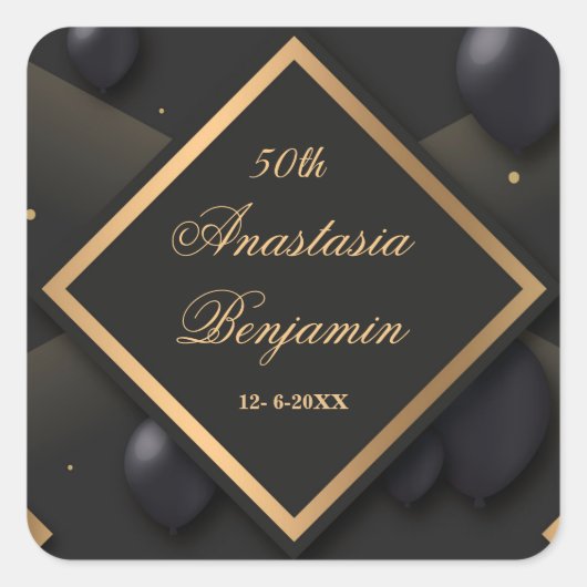 Elegant 50th Gold Black Happy Birthday Modern Vierkante Sticker (Voorkant)