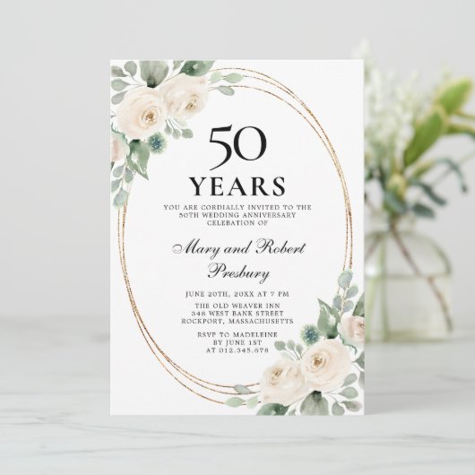 Elegant 50th verjaardagsfeest Witte Roos Bloemen Kaart (Staand voorkant)