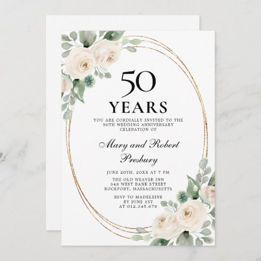 Elegant 50th verjaardagsfeest Witte Roos Bloemen Kaart (Voorkant / Achterkant)