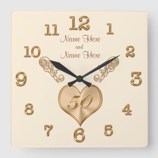 Elegant 50th Wedding Anniversary Clock with NAMES Vierkante Klok (Voorkant)