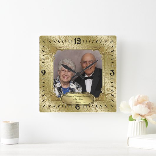 Elegant 50th Wedding Anniversary Photo Wall Clock Vierkante Klok (Huis)