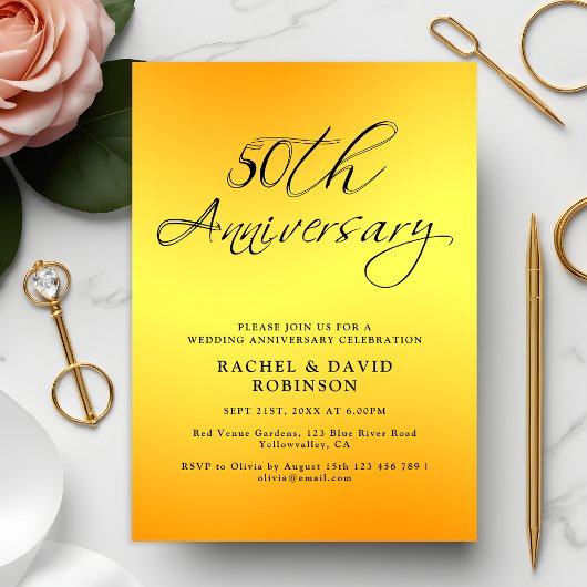 Elegant 50th Wedding Jubileum Black and Gold Kaart