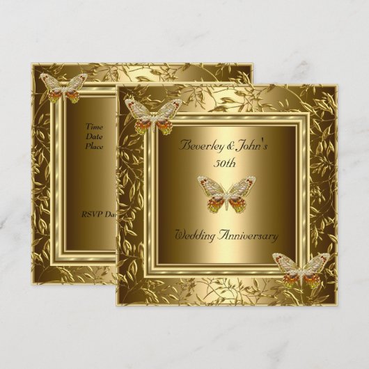 Elegant 50th Wedding Jubileum Gold Butterfly Kaart (Voorkant / Achterkant)