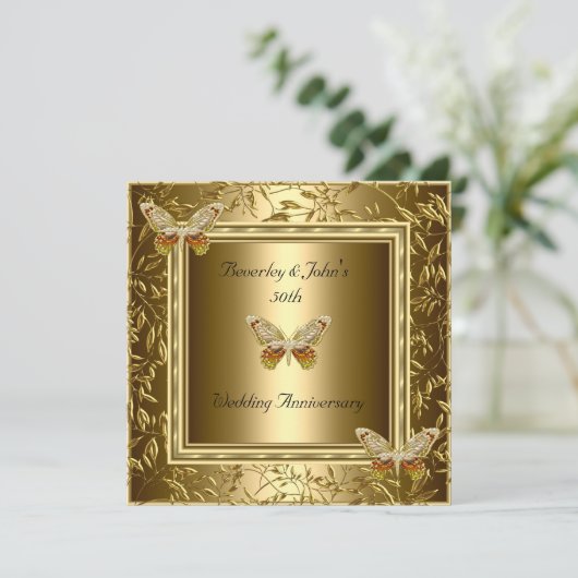 Elegant 50th Wedding Jubileum Gold Butterfly Kaart (Staand voorkant)