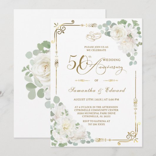 Elegant 50th Wedding Jubileum Uitnodiging (Voorkant / Achterkant)