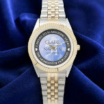 Elegant 51st Sapphire Wedding Anniversary Horloge<br><div class="desc">Celebrate the 51st sapphire wedding anniversary with this commemorative watch! Elegant lettering with hexagonal confetti on a sapphire blue background add a memorable touch for this special occasion and extraordinary milestone. Customize with couple's names,  dates of marriage,  and congratulatory messages.

Design © W.H. Sim. See more at zazzle.com/expressionsoccasions</div>