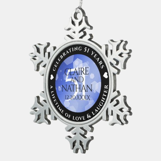 Elegant 51st Sapphire Wedding Jubileum Tin Sneeuwvlok Ornament (Rechts)