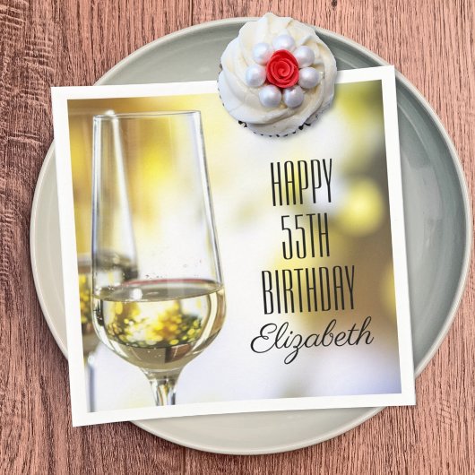 Elegant 55th Birthday Gold Bokeh Wine Glass Party Servet