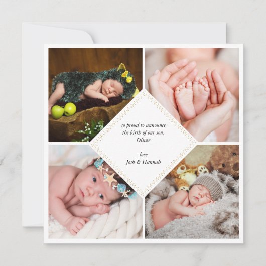 Elegant 5 Foto Gold Dot & Dash Birth kondiging Aankondiging (Voorkant)