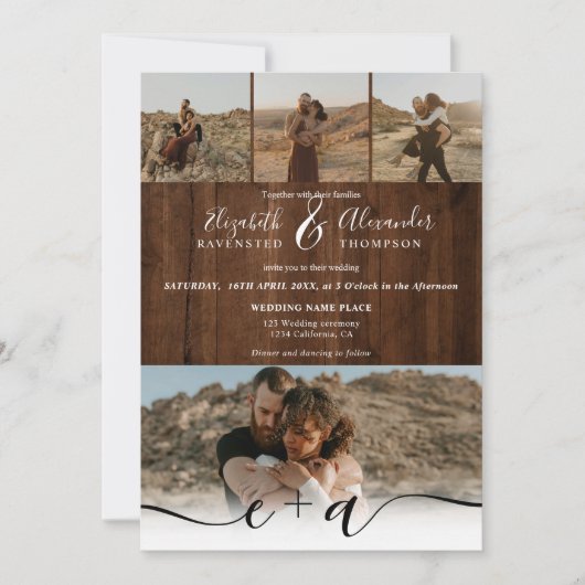 Elegant 5 Foto's modern script bruiloft hout Kaart (Voorkant)