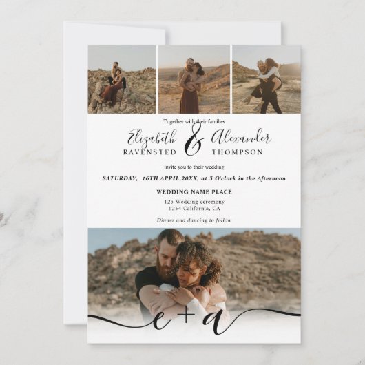 Elegant 5 Foto's modern script bruiloft zwart wit Kaart (Voorkant)