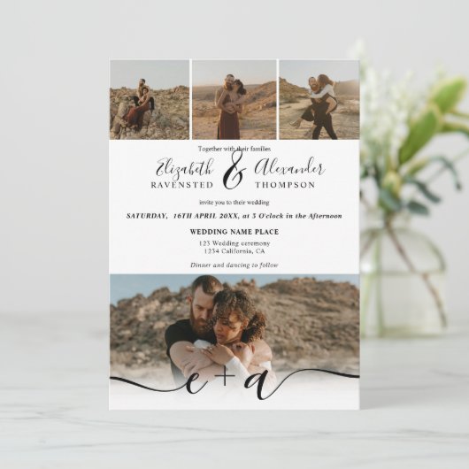 Elegant 5 Foto's modern script bruiloft zwart wit Kaart (Staand voorkant)