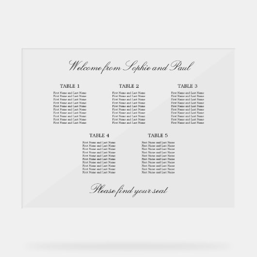 Elegant 5 Tafel Zitkaart Acryl Teken Acryl Bord (Voorkant)