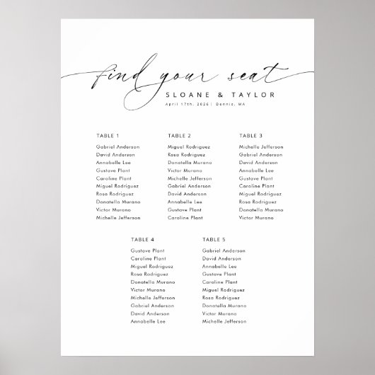 Elegant 5 Tafels Welkom Zitplaatskaart Poster (Voorkant)