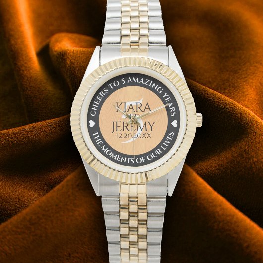 Elegant 5th Wood Wedding Jubileum Celebration Horloge