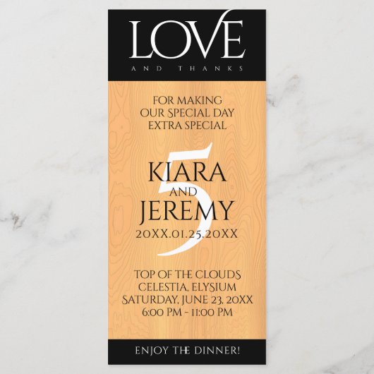 Elegant 5th Wood Wedding Jubileum Celebration Menu (Achterkant)