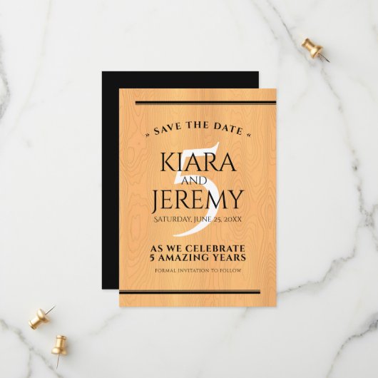Elegant 5th Wood Wedding Jubileum Celebration Save The Date (Voorkant / Achterkant in situ)
