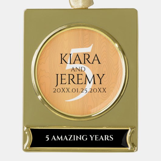 Elegant 5th Wood Wedding Jubileum Celebration Verguld Banner Ornament (Voorkant)