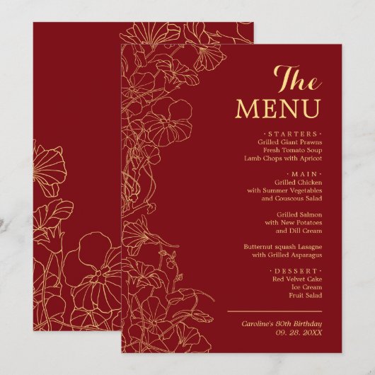 Elegant 5x7 rood goud bloemendiner menu (Voorkant / Achterkant)