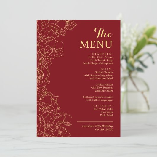 Elegant 5x7 rood goud bloemendiner menu (Staand voorkant)