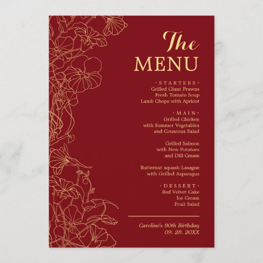 Elegant 5x7 rood goud bloemendiner menu (Voorkant)