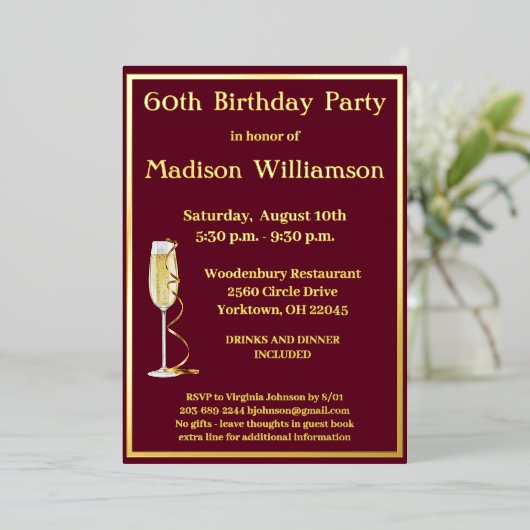 Elegant 60 60 60e verjaardag Red REAL Gold Folie Uitnodiging (Staand Voorkant)