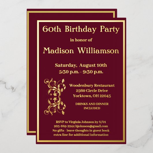 Elegant 60 60 60e verjaardag Red REAL Gold Folie Uitnodiging (Voorkant / Achterkant)