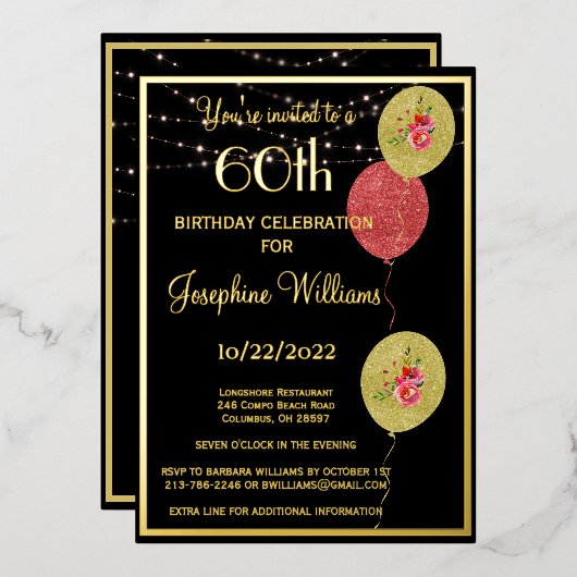 Elegant 60 60 60e verjaardag zwart goud folie uitnodiging (Voorkant / Achterkant)