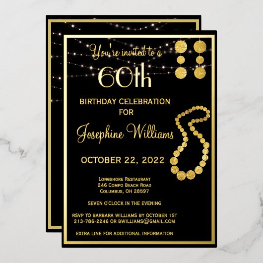 Elegant 60 60 60e verjaardag zwart goud folie uitnodiging (Voorkant / Achterkant)