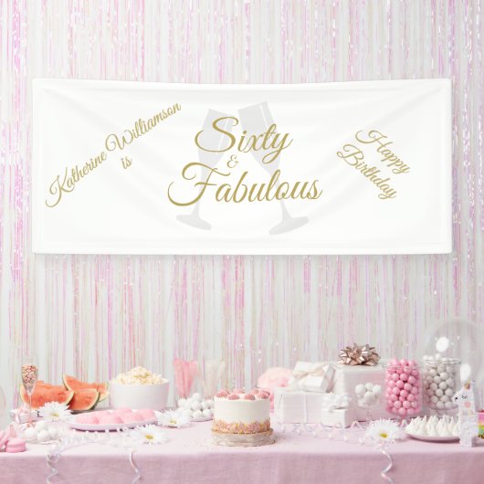 Elegant 60 and Fabulous Birthday Party White Gold Spandoek (Feest)
