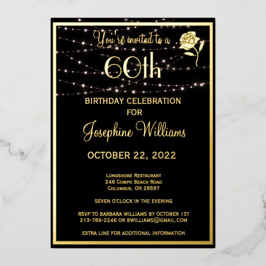 Elegant 60-jarig zwart goud folie uitnodiging (Voorkant)