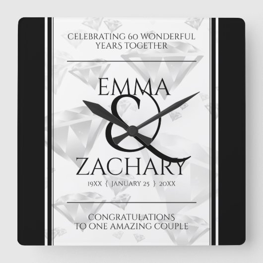 Elegant 60e 75e Diamond Bruiloft Jubileum Vierkante Klok (Voorkant)