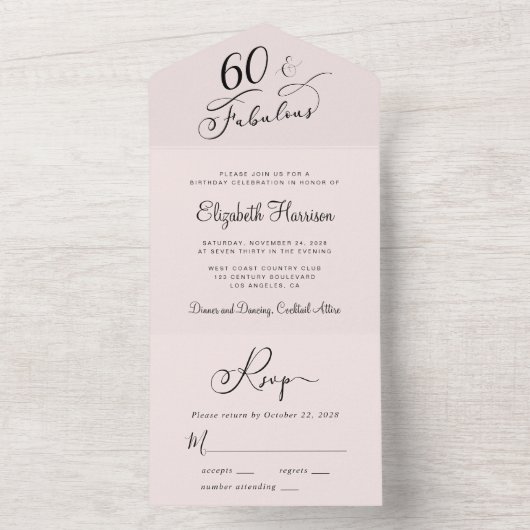 Elegant 60e roze verjaardag all in one uitnodiging (Binnen)