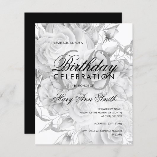 Elegant 60e verjaardag Floral Silver White Invite (Voorkant / Achterkant)